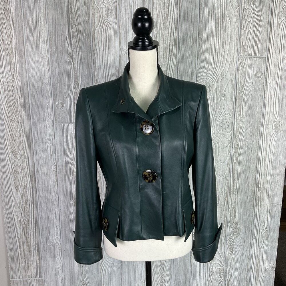 Carlisle Green Leather Jacket Women’s Size 6 Cropped Blazer Vintage Designer Mot